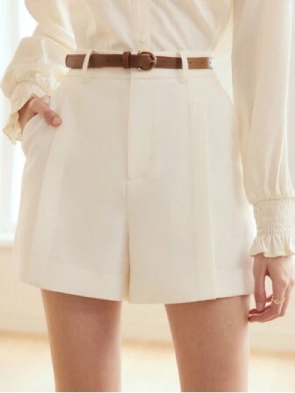 MOTF High-Waist Cream Tailored Shorts with Belt Loop Detail